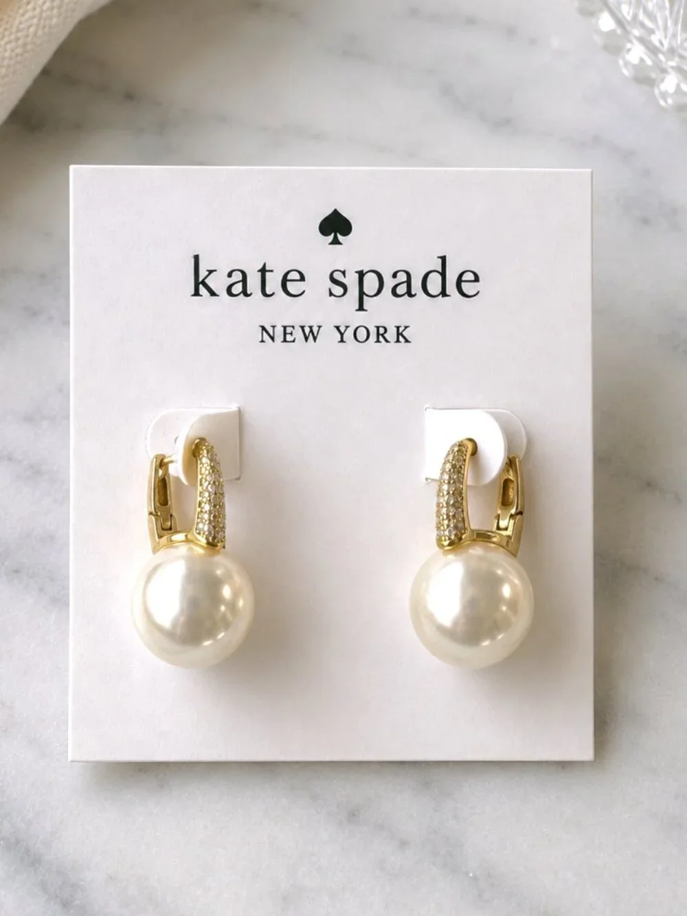 Kate Spade Pearl Drop Huggie Earrings Gold Crystal Earrings ✨